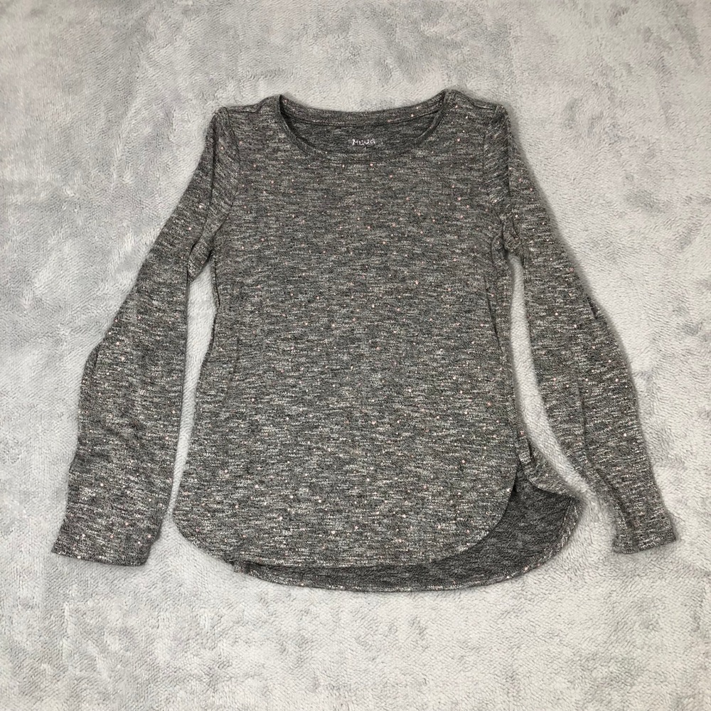 Mudd Girls Top Size 14 Grey Pink Space Dye Glitter Long Sleeve Shirt Scoop Neck